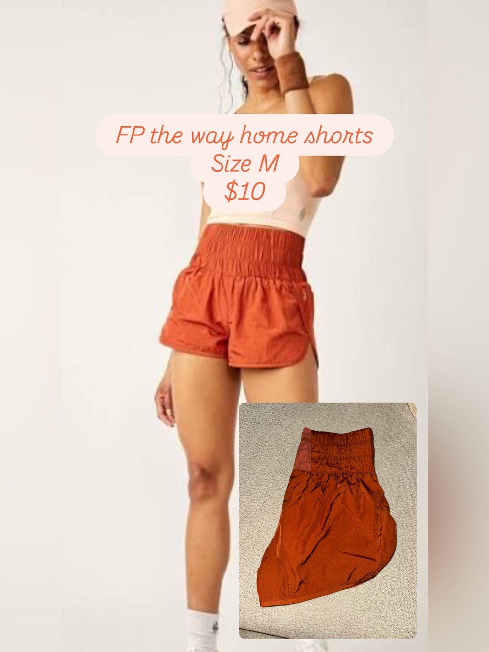 Free People Rust Orange Smocked-Waist Athletic Shorts